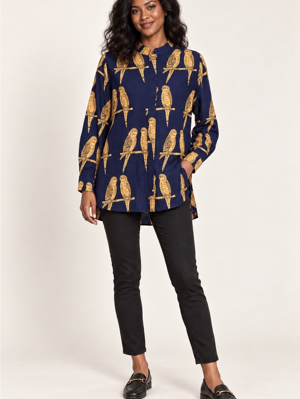 Zuri Heart to Heart Shirt XS Navy Beige Bird Print Cotton Kitenge Tunic Kenya